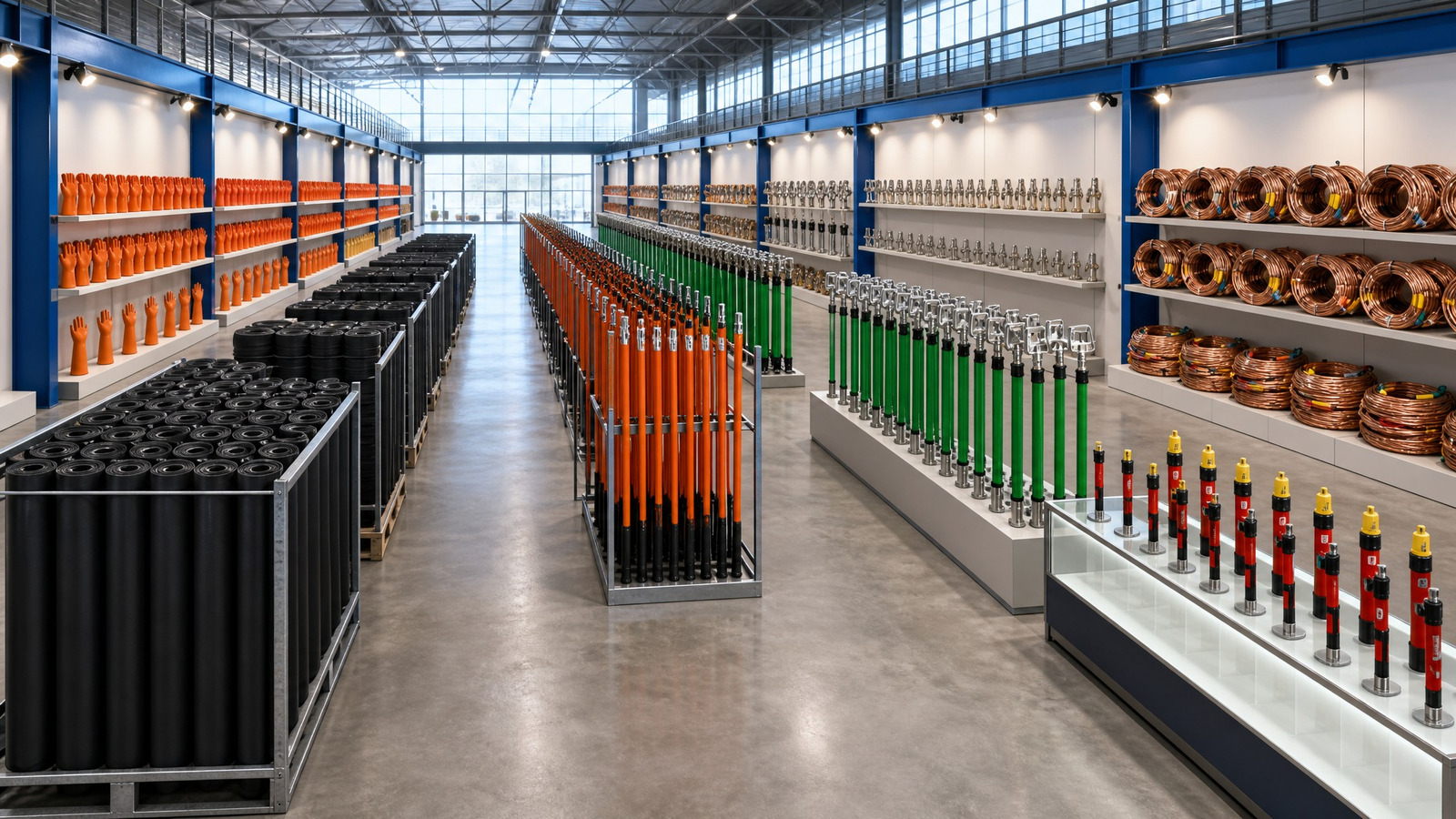 Showroom display hall with the product range set out on shelves and display stands