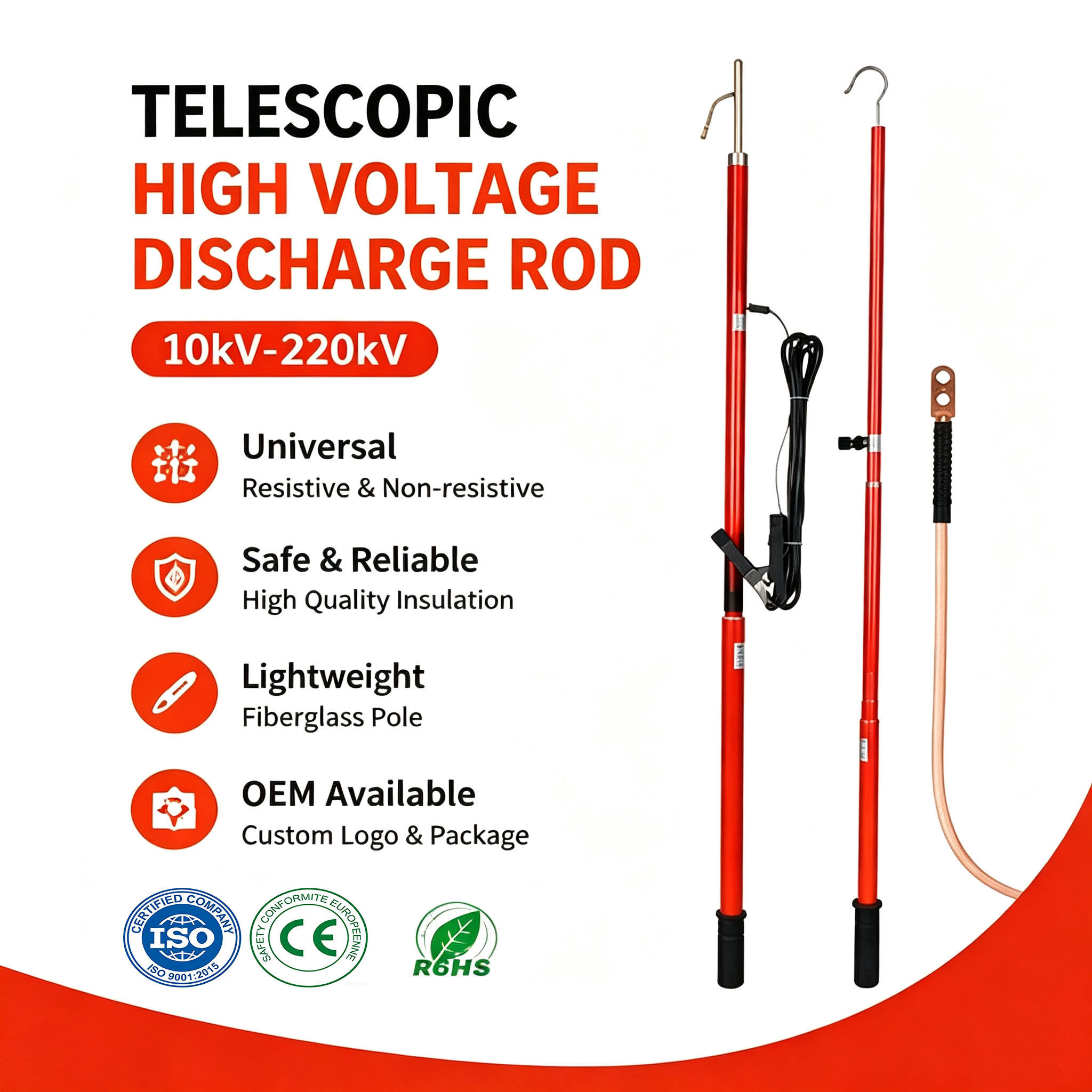 Telescopic High Voltage Discharge Rod 10 kV – 220 kV